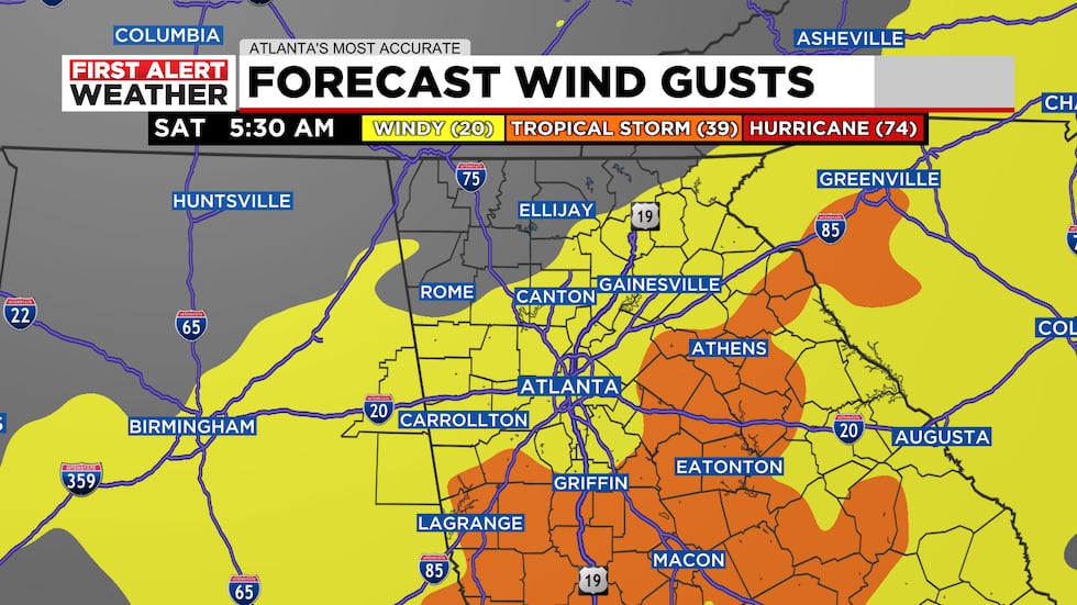 Tropical storm force wind gusts possible in North GA Friday into Saturday.